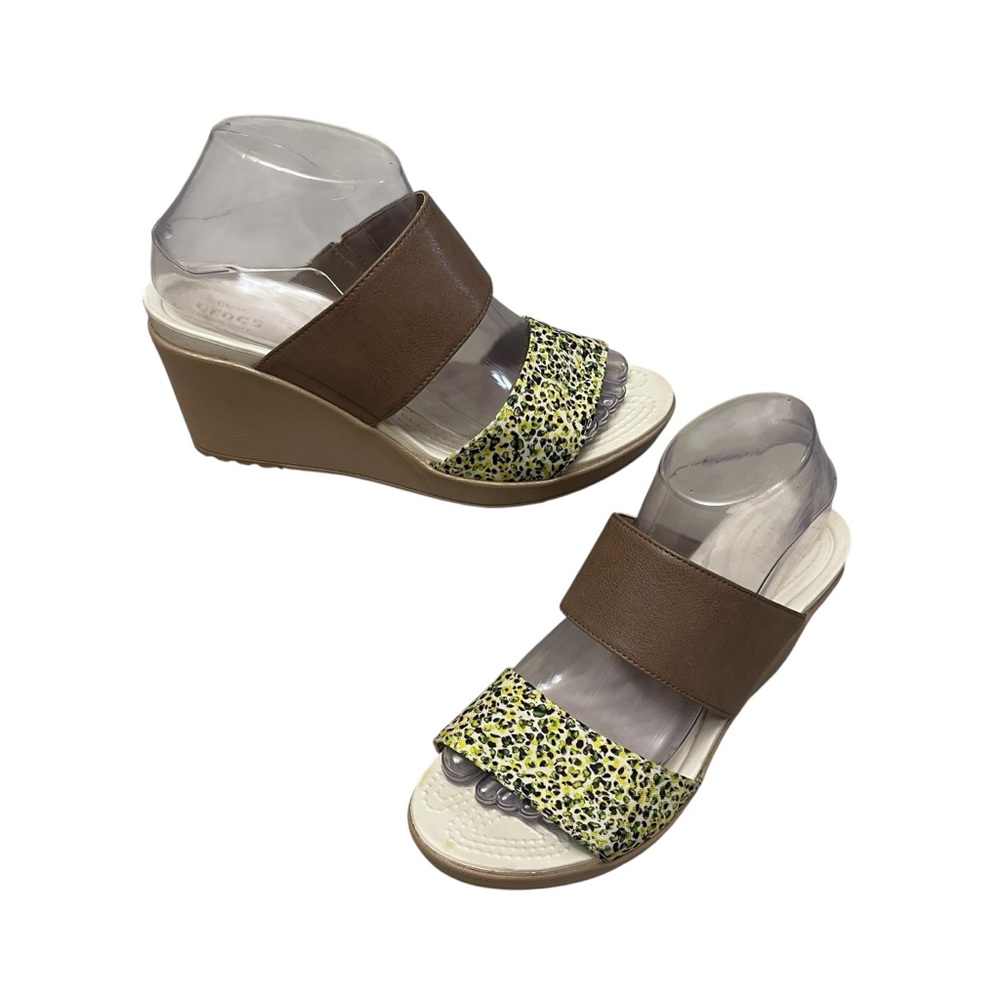 Crocs Leigh II 2-Strap Graphic Wedge Sandal Yellow Canvas Brown Leather Size 8